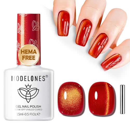 Image of modelones Red Cat Eye Gel Nail Polish 15ML, Hema Free Summer Soak-Off UV Gel Polish - 28+Days Long-Lasting Nail Art DIY Manicure Kit Home Salon Women Gifts