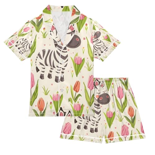 senya Cartoon Cheerful Zebra Satin Summer Pajama Sets Silk Short Sleeve Button Down Sleepwear