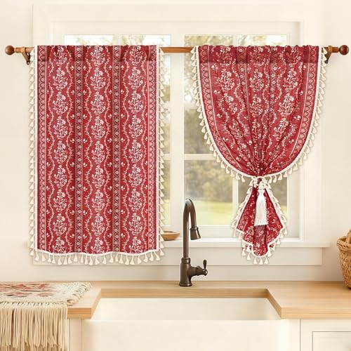 Yinhua Boho Kitchen Curtains 36 Inch Length Vintage Linen Cafe Curtains Light Filtering Bohemian Floral Tier Rod Pocket Farmhouse Rustic Tassel Small Drapes with Tiebacks 2 Panels Red