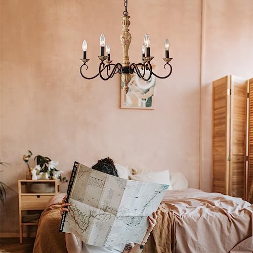 Cawabien French Country Chandelier-Farmhouse Chandeliers For Dining Room 6 Lights Fixture Rust Imitation Wood Finish For Living Room, Bedroom, Kitchen, Stairway, Bathroom (Dia 23.3”) #TOP5