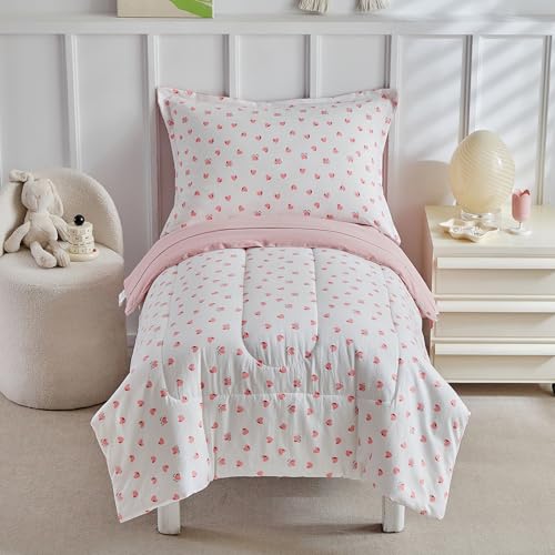 Image of DuShow Toddler Bedding Set for Girls,4 Piece Bed-in-a-Bag Toddler Comforter Sets,Pink Heart Crib Bedding Sheets Set,Include Quilt Comforter,Flat Sheet,Fitted Sheet,Pillowcase