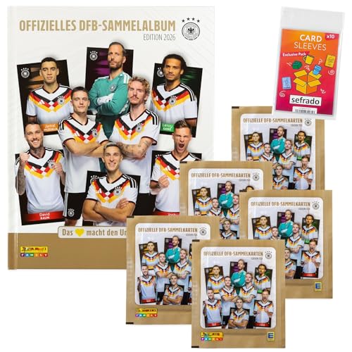 Bundle mit 1 x DFB Sammelalbum - Hardcover Edeka Edition 2026 Panini + 5 DFB Sammelsticker Tüten + 10 sefrado Sleeves