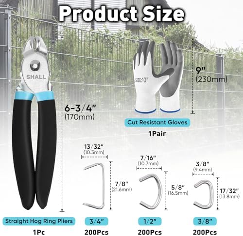 SHALL Hog Ring Pliers Kit with 600pcs Galvanized Hog Rings (3/8’’, 1/2’’, 3/4’’) for Upholstery, Fence, Animal Pet Cages, Bungee Cords, Bagging, Protective Gloves, Storage Case & Bag Included - 3