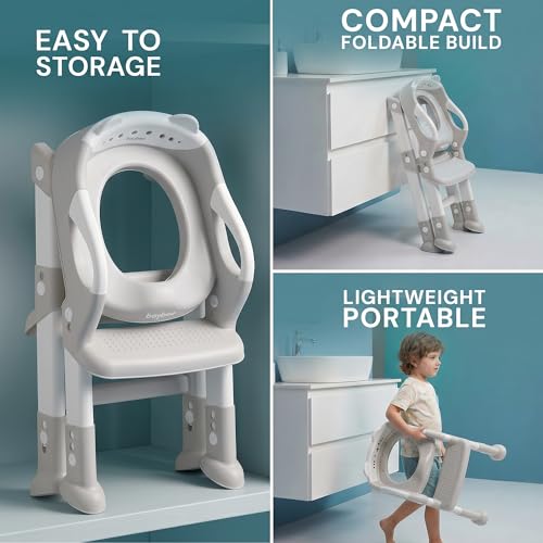 Image of Baybee Aura Pro Baby Ladder Potty Training Seat for Kids | Foldable Baby Western Toilet Seat with Adjustable Height, Grip Handle & Backrest | Potty Training Seat Chair for Kids 1 to 8 Years (Grey)