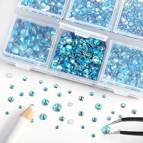 Image of Beadsland 4300pcs Flatback Rhinestones,Blue Rhinestone Nail Gems Round Crystal Rhinestones for Crafts,Mixed 6 Sizes with Picking Tweezers and Wax Pencil Kit, SS6-SS20,Aquamarine AB
