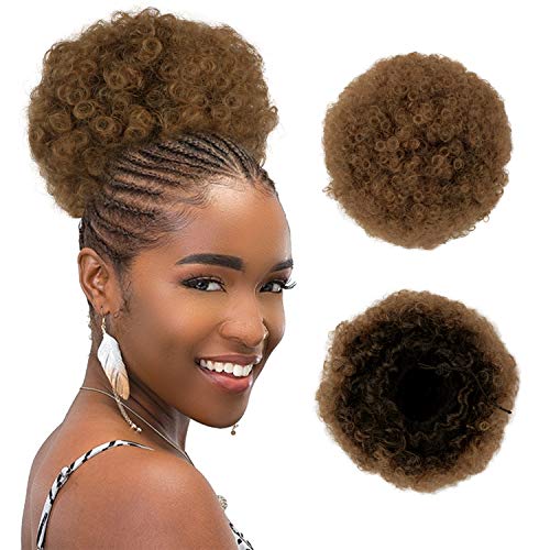 PEACOCO Synthetic Afro Puffs Drawstring Ponytail Afro Bun Hairpieces Updo Hair Extensions Short Kinky Curly Hair Ponytail with Two Clips (1B/30#)