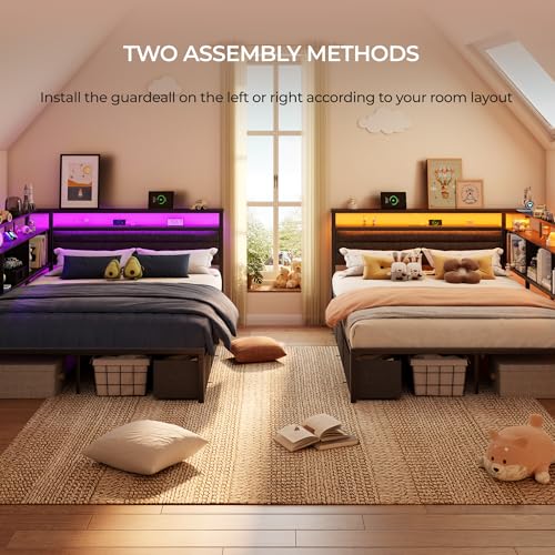 Image of OURPIC Full Size Bed Frame with Headboard and Storage Drawers, Full Metal Platform Corner Bed Frame with Charging Station and LED Lights, Heavy Duty Strong Support Slats and Easy to Assemble, Black
