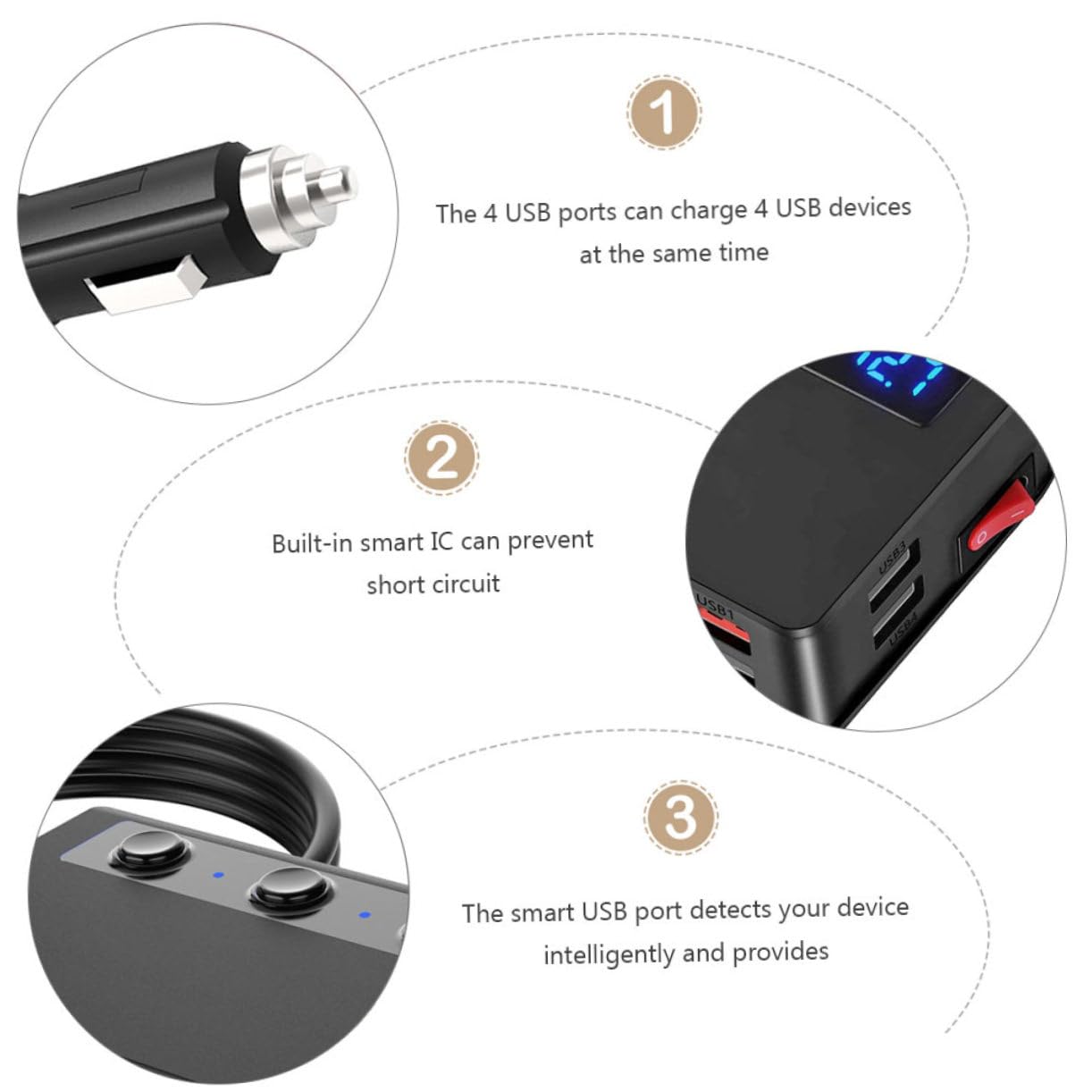 Adattatore Caricatore per Auto con Porte USB e Accendisigari Indicato per Caricamento Dispositivi Elettronici Auto con Monitoraggio Della Batteria e LED