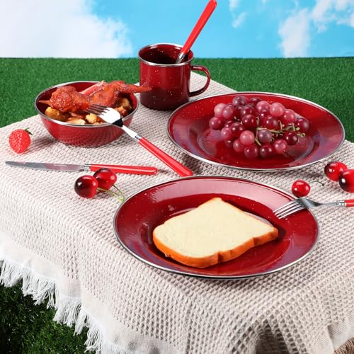Nuogo Kit de Cocina para Camping Juego de 48 Piezas con Vajilla Esmaltada, Tazas, Platos, Cuencos y Utensilios, Rojo miniatura 5