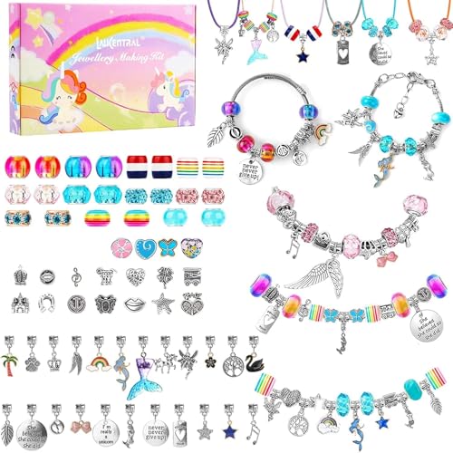 LauCentral 73 Pieces Charm Bracelet Making Kits Jewelry Making Supplies Beads DIY Art Crafts Supplies Set with Snake Chain String for Christmas Gifts for Girls Teens Children Age 8-12