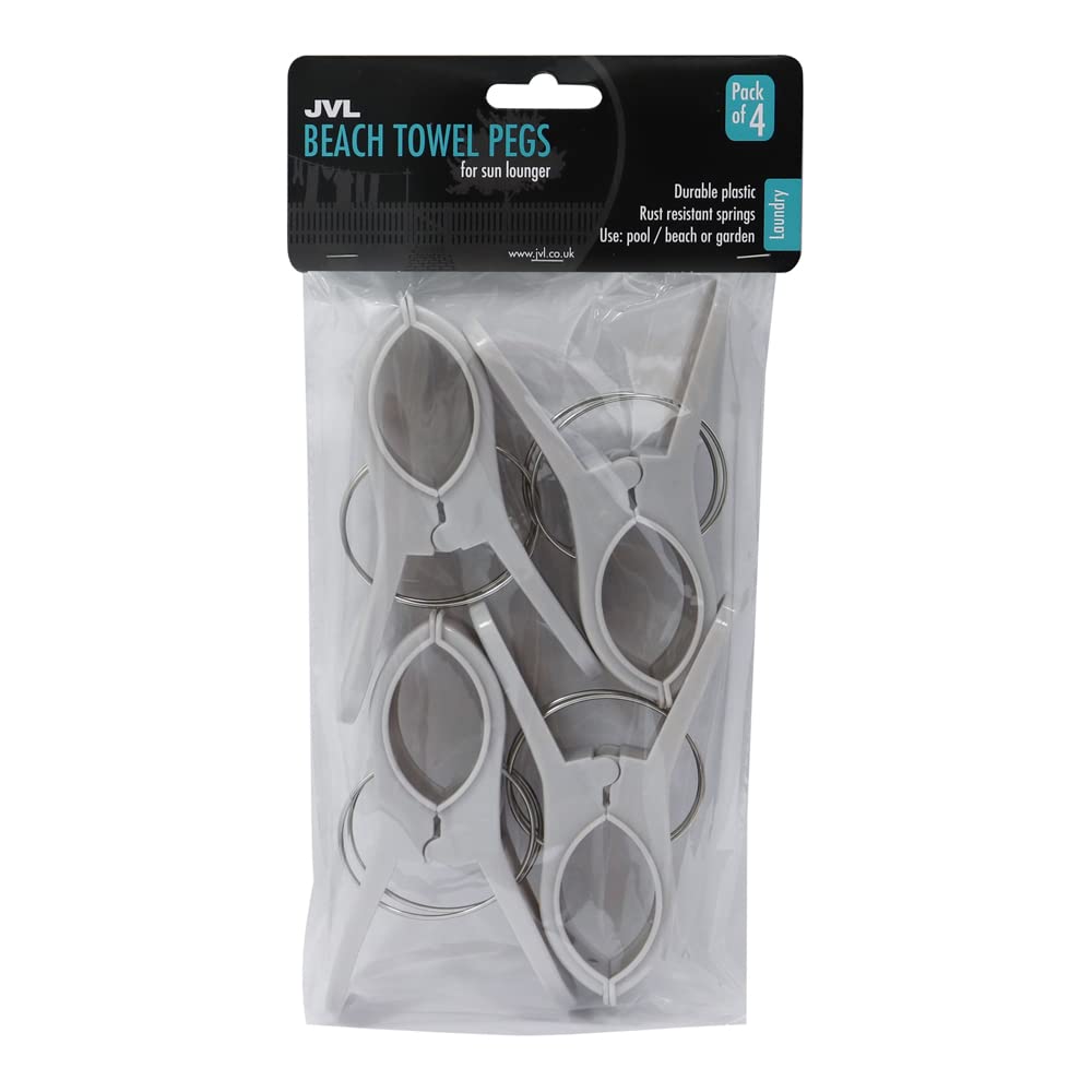 JVL Large Clamp Clip Beach Towel Pegs, Pack of 4, Grey, One Size, (19-273GY)