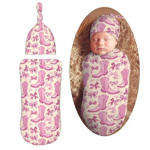 Image of Retro Pink Cowgirl Boot Newborn Swaddle Blankets Hat Sets Soft Baby Receiving Blanket Swaddle Sack for Baby Shower Infant Boy Girl Gift