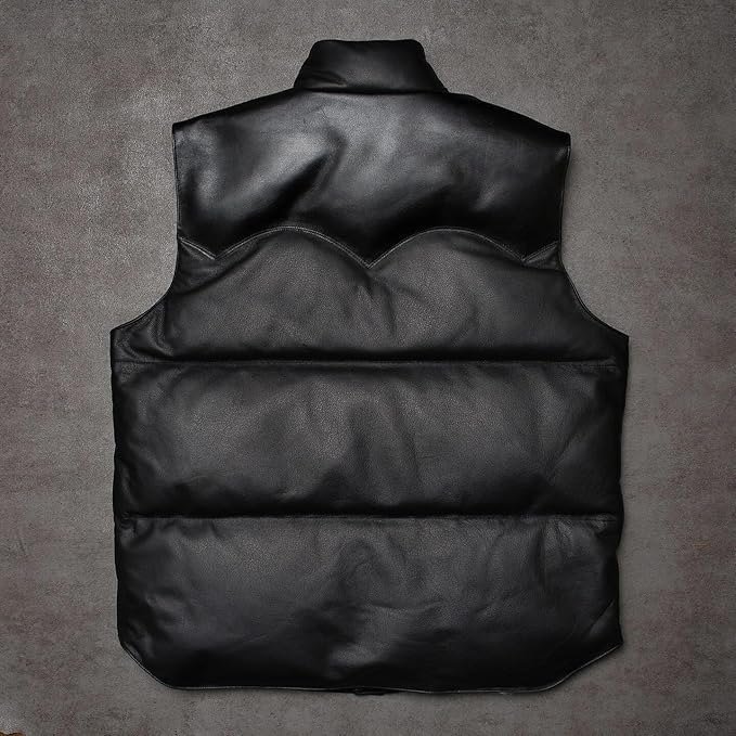 Men's Leather Puffer Vest – Sleeveless Winter Outerwear, Warm Puffy Coat with Pockets, Casual Cold Weather Jacket3