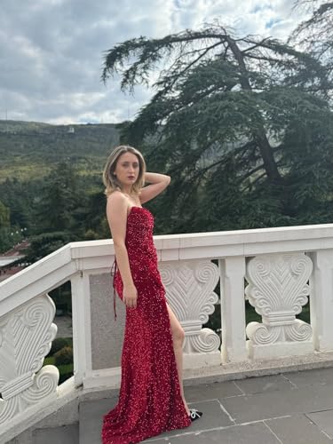 Mermaid Sparkly Sequin Prom Dresses for Women 2024, Long Strapless Formal Cocktail Party Evening Gowns with Slit3