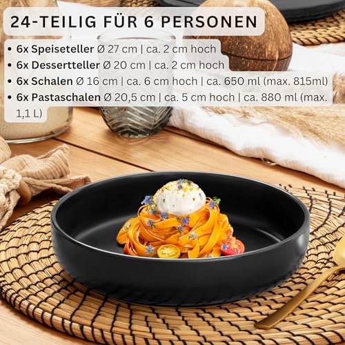 SÄNGER Madeira | Kombiservice 24 teilig, Steingut Geschirr Set 6 Personen, 6x Teller Set 6x Frühstücksteller 6x Tiefe Teller 6x Pastaschalen Geschirrset und Schale schwarz matt | VALUE COLLECTION