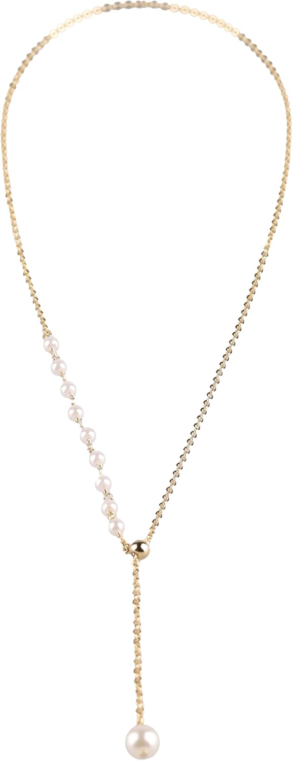 Gold Plated Adjustable Drop Lariat Pearl Necklace for Women, Y-Shaped Chain with Side Station Pearls and Sliding Silicone Bead, Dainty Drop Pearl Pendant