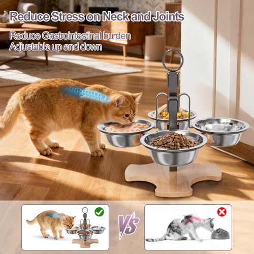 Optyuwah katzennapf erhöht Futternapf Katze - Futternäpfe Katzen 4er Set katzennäpfe,Höhenverstellbar Fressnapf Katze mit Ständer Edelstahl Näpfe für Wasser Futter Katzen,kleine Hunde