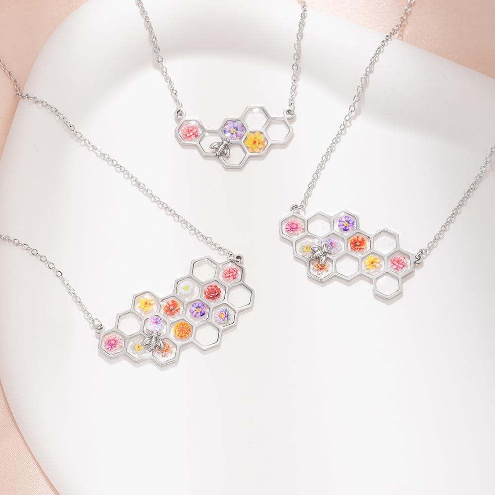 Custom Bee Necklace For Women Sterling Silver 925/Brass Personalized 1-16 Birth Flower Necklace Honeycomb Jewelry Unique Birthday Gifts For Mother Grandma Her - Image 3
