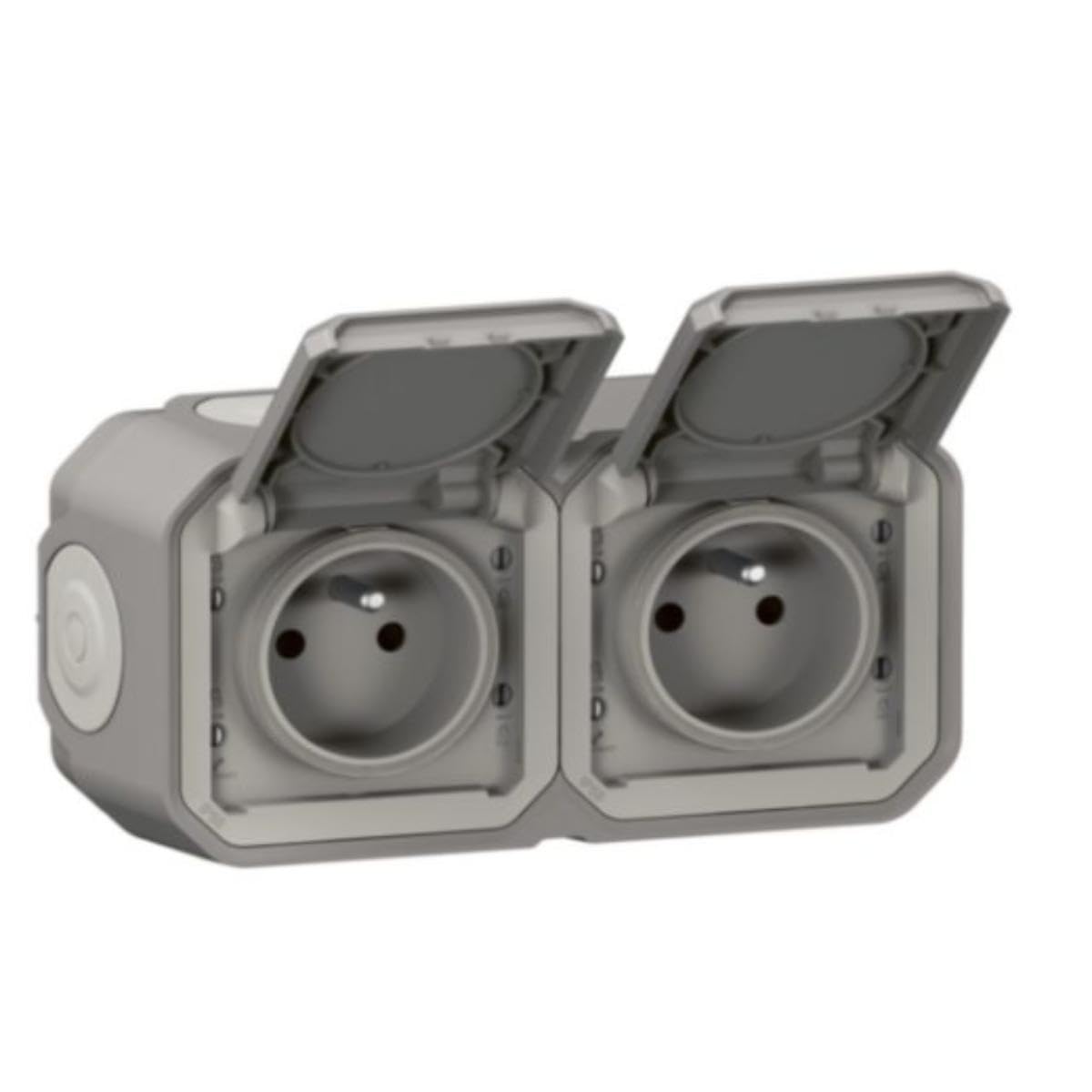 LEGRAND - Prise Etanche Double IP55 avec Terre Plexo - Prise 2P+​T 16A Complète avec Volet - Pour Pose en Apparent - Montage Horizontal - Fabriqué En France - Gris