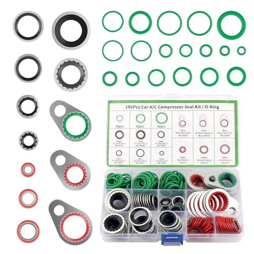 195PCS AC O Ring Kit Includes Gaskets/O-Rings,Multi-spec Car AC Seal Kit for Providing Tight Seal,Professional Cars O Ring Assortment Kits for R12/R134A Refrigerant Cars ACS