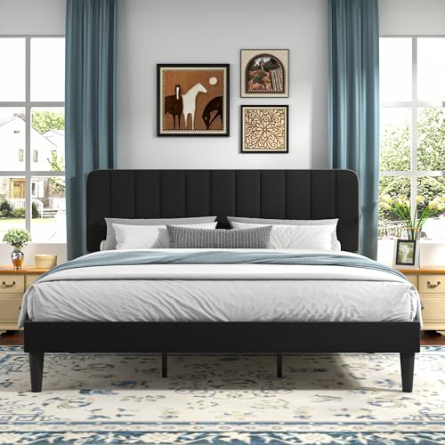 Image of VECELO King Size Bed Frame with Upholstered Headboard, Velvet Platform Bedframe Mattress Foundation, Strong Wood Slat Support, No Box Spring Needed,Black