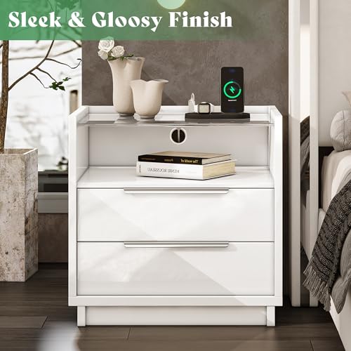 Image of AMERLIFE Nightstand, 23.6 inch End Table with Charging Station, Modern High Gloss Bedside Table with Glass Top, Spacious Drawers & Open Shelf, Easy Assembly, Bedroom Storage, White