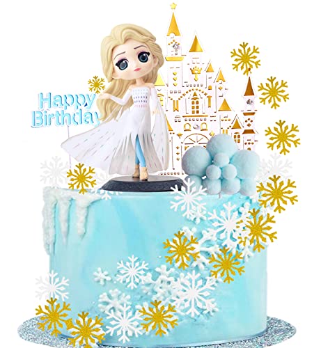 Lot de 24 décorations de gâteau de princesse glacée, décorations d'anniversaire pour fille, figurines Elsa Princesse, décorations de gâteau à paillettes exquises Cover