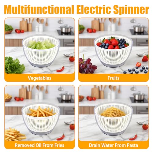 Electric Salad Spinner, 6L Large Capacity Lettuce Spinner Fruit Vegetable Washer Dryer with Washing Basket and Serving Bowl, Small Salad Spinner for Home Kitchen - Image 4