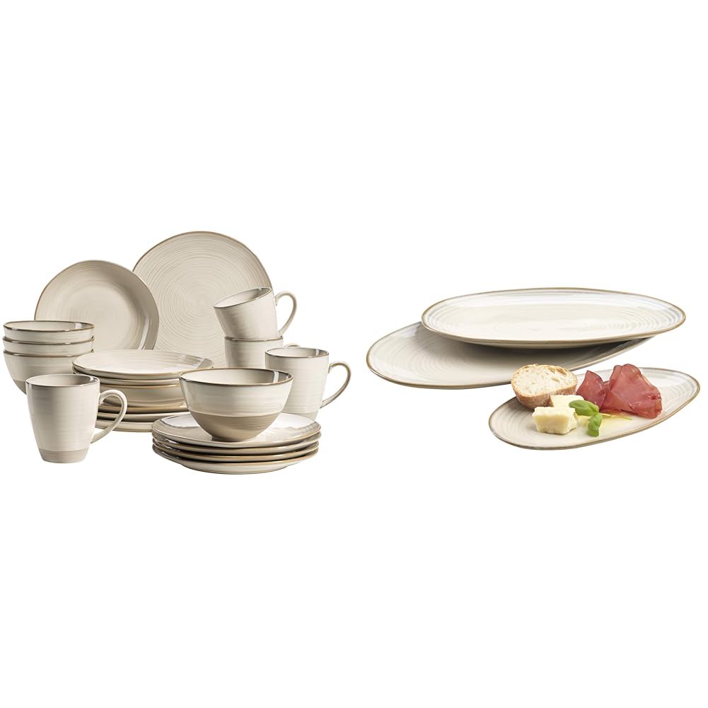 MÄSER 931512 Serie Nottingham Vintage Geschirr-Set & 931372 Serie Nottingham Set aus 3 Servierplatten, Servierteller in 3 Größen im Vintage-Look, Beige, Steinzeug, 28 x 15.5 cm