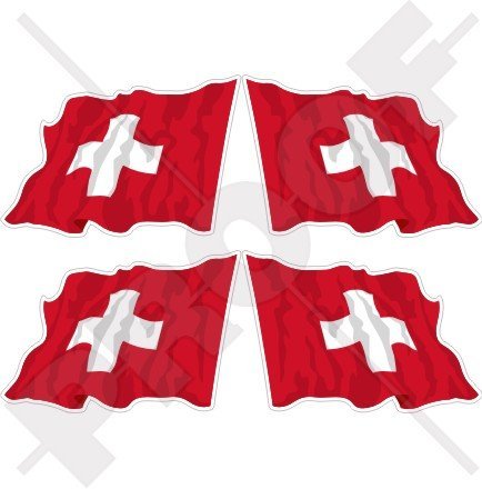 Switzerland Swiss Waving Flag Suisse, Schweiz 2" (50mm) Vinyl Bumper-Helmet Stickers, Decals x4