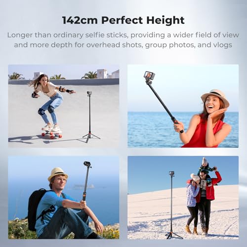 Image of K&F CONCEPT 142cm /55.9 inch Telescopic Selfie Stick Tripod for Action Camera | 2-in-1 Portable Stand Handle Stick Pole For GoPro Hero 13 /12 /11 /10 /9 /8, DJI Osmo Action 6 /Osmo Action 5 Pro /4 /3 Accessories
