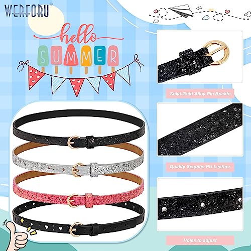 WERFORU 4 Pack 3 Pack Kids PU Leather Skinny Glitter Waist Belt for Girls Boys Child Thin Shiny Waist Belt for Jeans Dress2