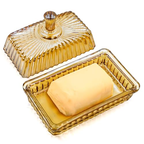 Philbinden Champagne Color Glass Butter Dish with Lid or Countertop and Refrigerator,Crystal Glass Butter Storage Container for Kitchen Dining Table Decor (Champagne, large)