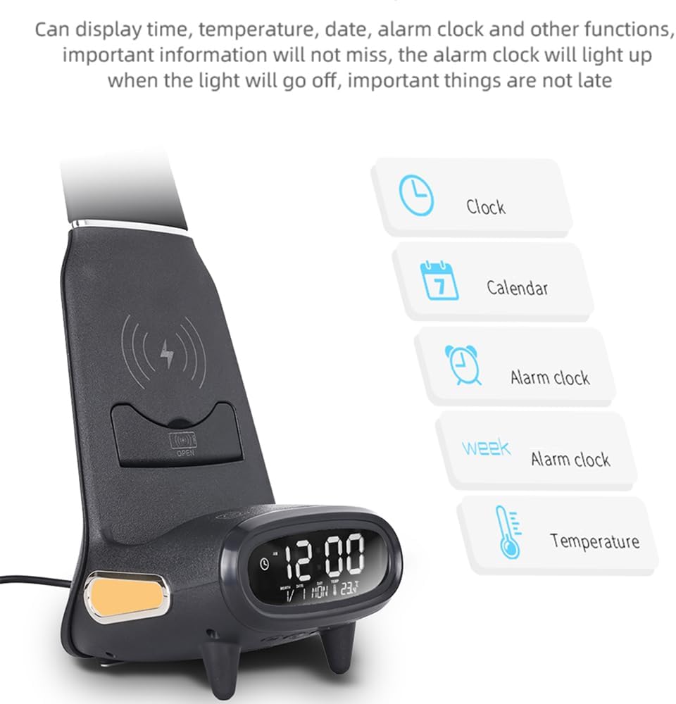 IHAO Multi Functional Smart Eye-Care Desk Lamp Wireless Charger & Digital Alarm Clock Gesture Control Adjustable Light 15W Fast Charging Hidden Phone Stand, Date Timer Display Wake-Up Light-TX79 Black