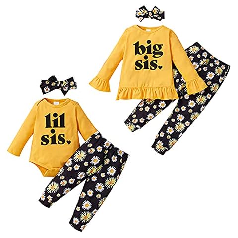 Borlai Big Little Sister Matching Floral Outfits Romper Shirt Top Daisy Printed Pants Headband Clothes Set Cover