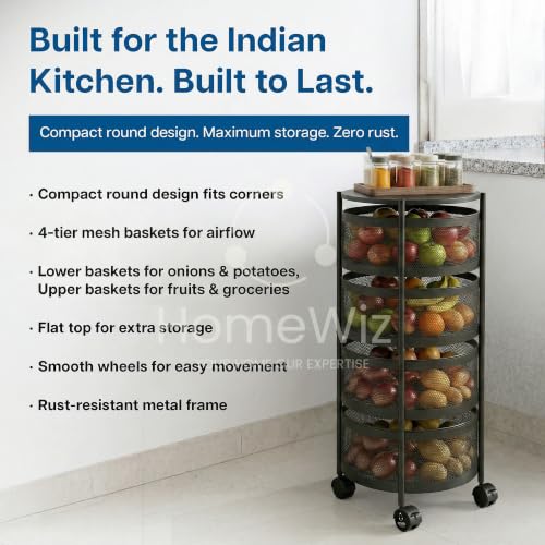 Image of HomeWiz Round Kitchen Rack 4- Layer | Lifetime Usage Heavy Duty Steel Trolley | Kitchen Storage | Onion Potato Rack for Kitchen | Multipurpose Storage Rack for Fruits & Vegetables | Rust-Free Forever
