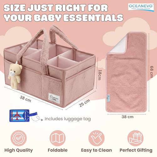 Image of OCEANEVO Fur Diaper Caddy Organizer Bag | WITH Diaper Changing Mat, Bag Charm and Luggage Tag | New Born Baby Essentials | For Mothers for Travel - 38 x 25 x 18 cm - Pink - 1 Year Warranty