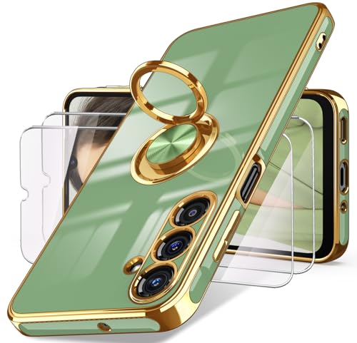 Dretal for Samsung Galaxy A16 5G Case, Screen Protector, 360° Rotatable Ring Holder Magnetic Kickstand,Plated Gold Edge Slim Soft TPU Protective Phone Cover for Galaxy A16 5G (Light Green)