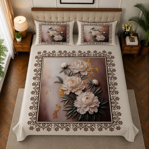 Image of 7D Digital Printed King Size Bedsheet | 240TC Premium Cotton Feel Microfiber with 2 Pillow Covers | Soft Breathable & Wrinkle Free Bedding Set | (Cream, King Size-225x250CM)