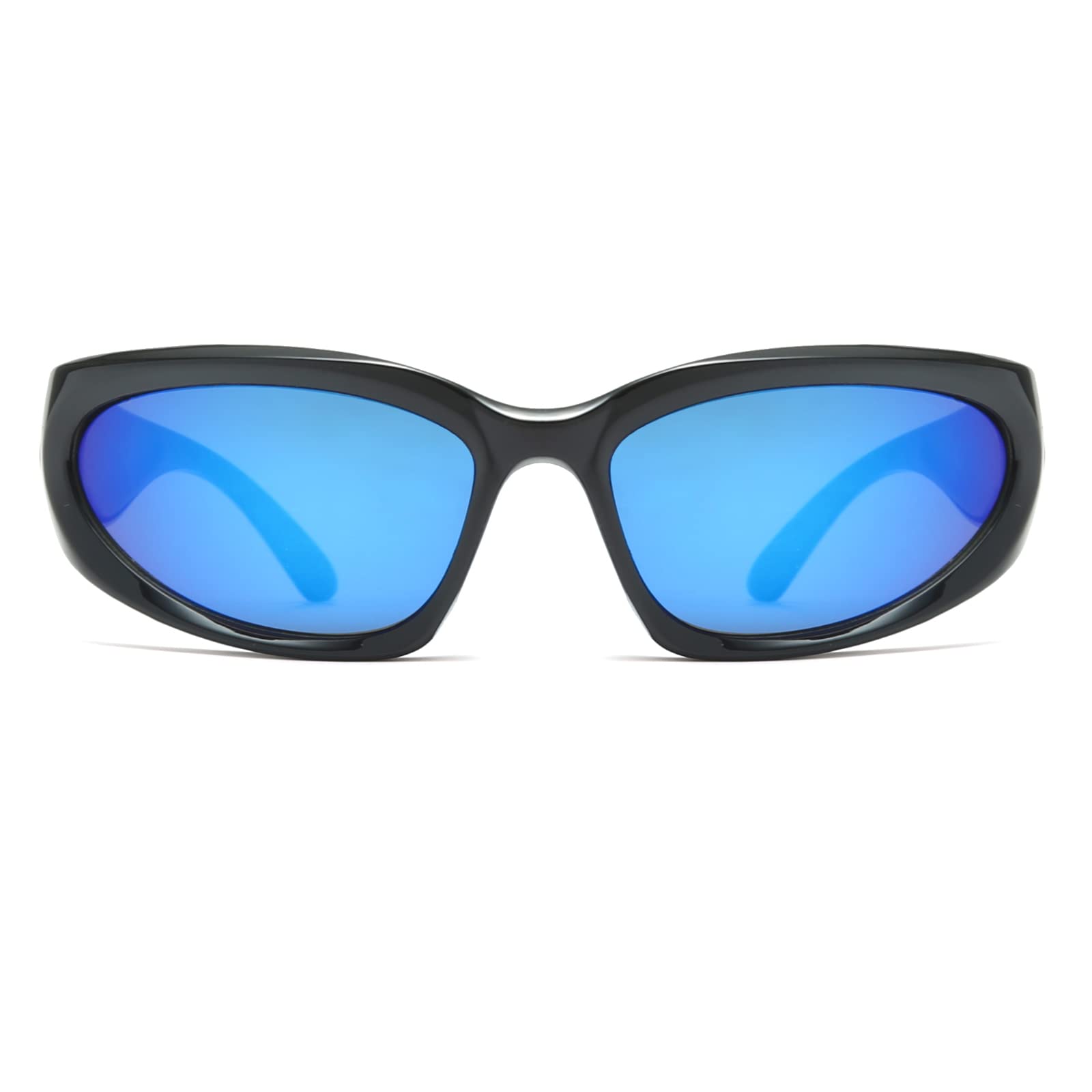 Long Keeper Kids Wrap Around Sunglasses Fashion Futuristic Oval Shape Sun Glasses for Girls Boys UV400 Protection (Black Blue)