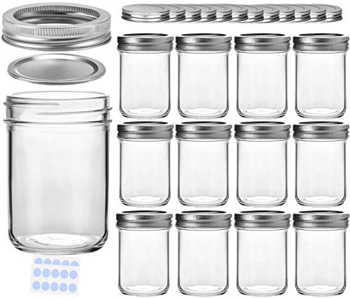KAMOTA Mason Jars, 8 oz Glass Jars With Regular Lids and Bands, Ideal for Jam, Honey, Wedding Favors, Shower Favors, Baby Foods, DIY Magnetic Spice Jars, 12 PACK, Extra 12 Lids & 20 Whiteboard Labels