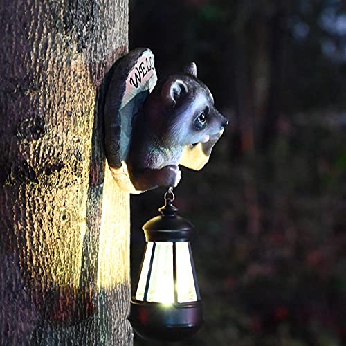 Misumiso Raccoon Tree Hugger With Solar Led Lantern, Welcome Sign, Garden Peeker Yard Art, Outdoor Whimsical Tree Sculpture Garden Gnome Figurine Statue Decoration Décor #TOP6