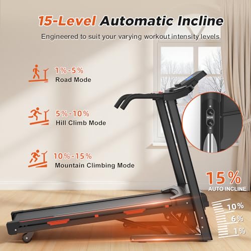 Image of 15% Auto Incline Treadmill, Foldable Treadmills for Home, Bluetooth Speakers, App Control, Pulse Handles, 3.5HP, 400 lb Capacity