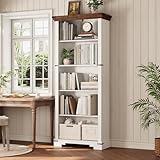 HOTLUU 5-Tier Farmhouse Bookshelf, 61.1 inch Tall Bookcase with Storage & Unique Design & One Adjustable Shelf, Wooden Bookshelf for Study Room, Living Room, Home Office, Bedroom (White)
