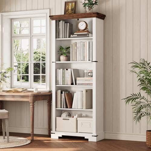 HOTLUU 5-Tier Farmhouse Bookshelf 61.1 inch Tall Bookcase with Storage & Unique Design & One Adjustable Shelf Wooden Bookshelf for Study Room Living Room Home Office Bedroom (White)