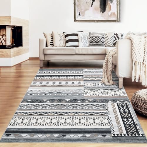 GarveeHome Vintage Geometric Patchwork Grey Rug for Living Room 6x9 Machine Washable Area Rug, Non-Slip Low-Pile Indoor Tribal Accent Carpet, Indoor Foldable Floor Cover for Bedroom Office