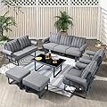 HOOOWOOO Aluminum Outdoor Patio Furniture Set,7 Piece Outside Mid Century Modern Couch,Weather Resistant Sofa Seating with Table Ottoman Cushion Arm,Grey Stripe