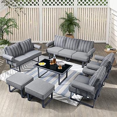 HOOOWOOO Aluminum Outdoor Patio Furniture Set,7 Piece Outside Mid Century Modern Couch,Weather Resistant Sofa Seating with Table Ottoman Cushion Arm,Grey Stripe