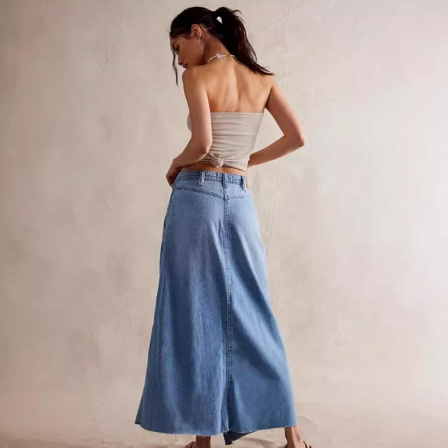 utcoco Womens Long Maxi Denim Skirts Low Rise A Line Jean Skirt Asymmetrical with Pockets3