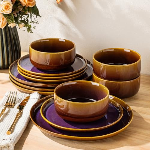 Image of TheTerra Ceramic Dinnerware Sets for 4, 12 Pieces Handmade Reactive Glaze Plates and Bowls Set, Scratch Resistant Dish Set, Oven & Microwave & Dishwasher Safe, Amber Amethyst